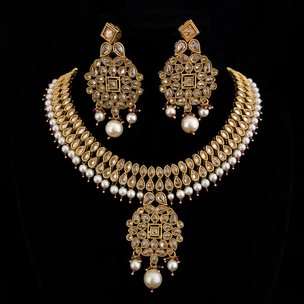 Lustrous Jumbora Antique Gold Necklace Set with LCD polki Stones