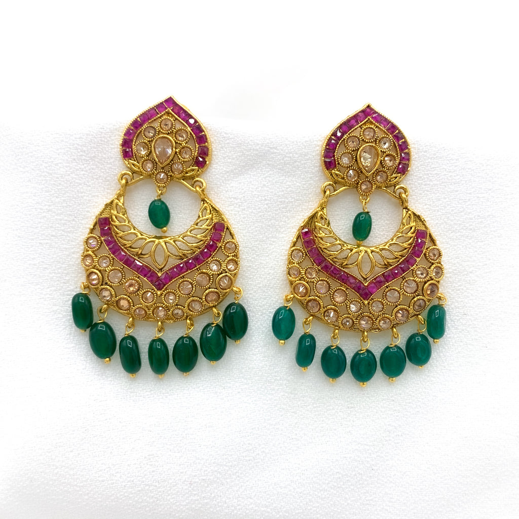 Gala Antique Gold Chaandbali Earring in Red, Green and LCD stones