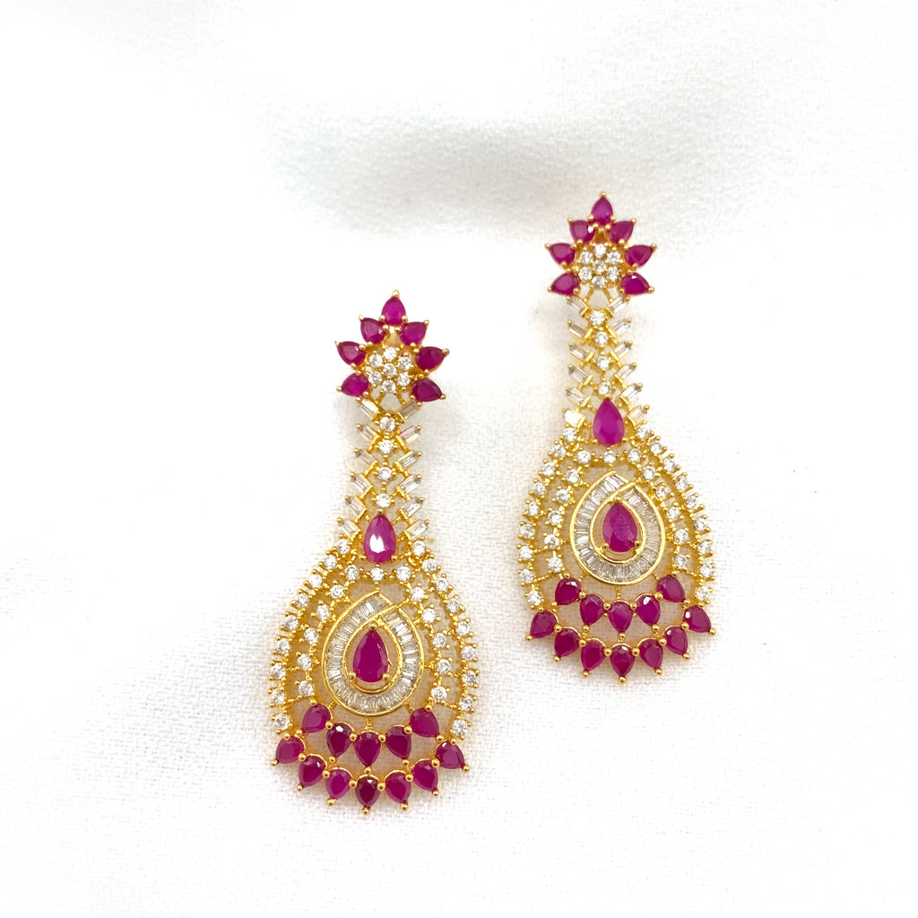 Radiant Long Ruby Red and White Zircon (CZ) stone Earring