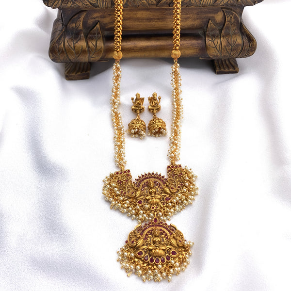 Radiant Long Antique Matte Gold Lakshmi Temple Necklace Set with Jhumka