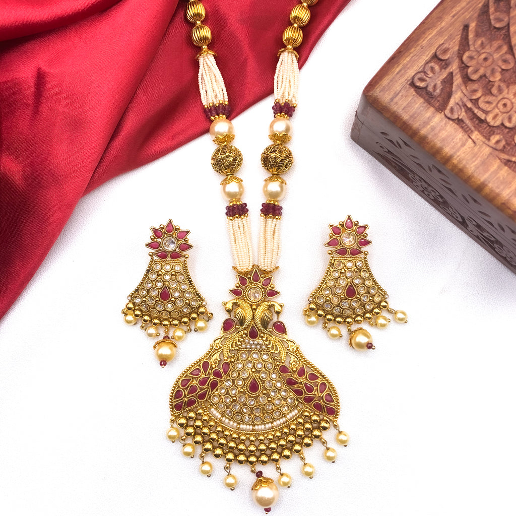 Exquisite Statement Antique Gold Pearl Mala Necklace Set