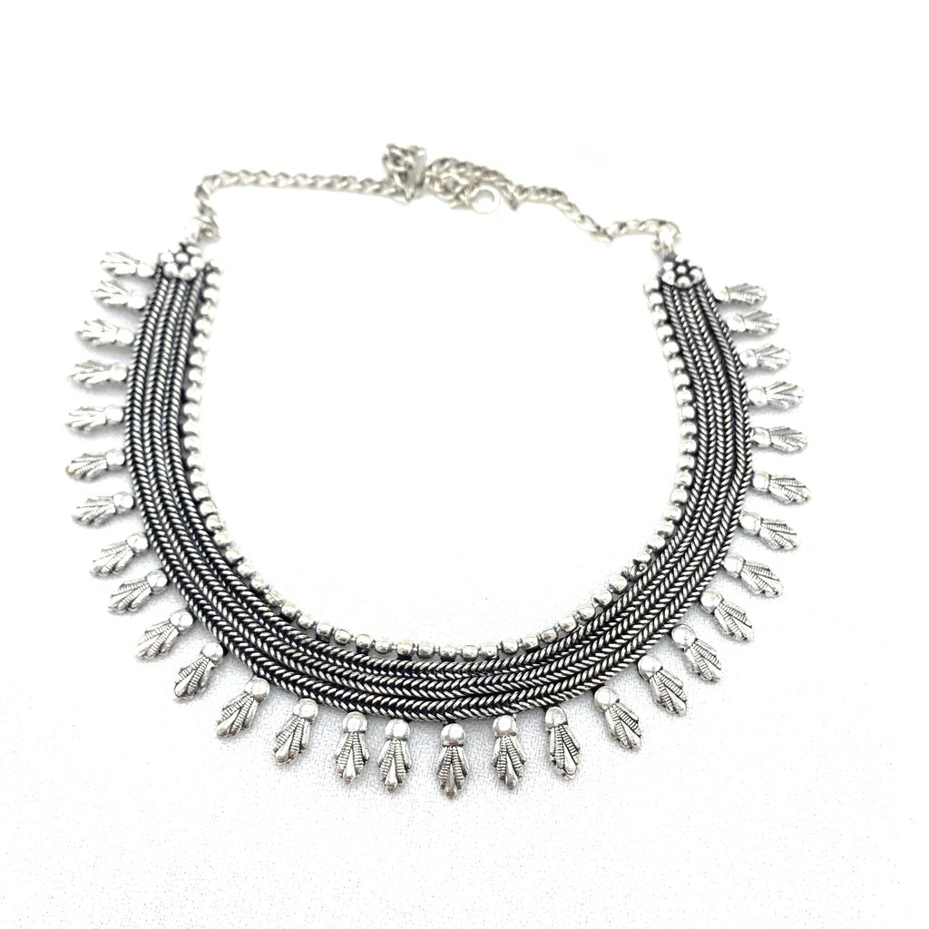 Trendy Chic Boho Oxidized Silver Choker Necklace in Tribal Style