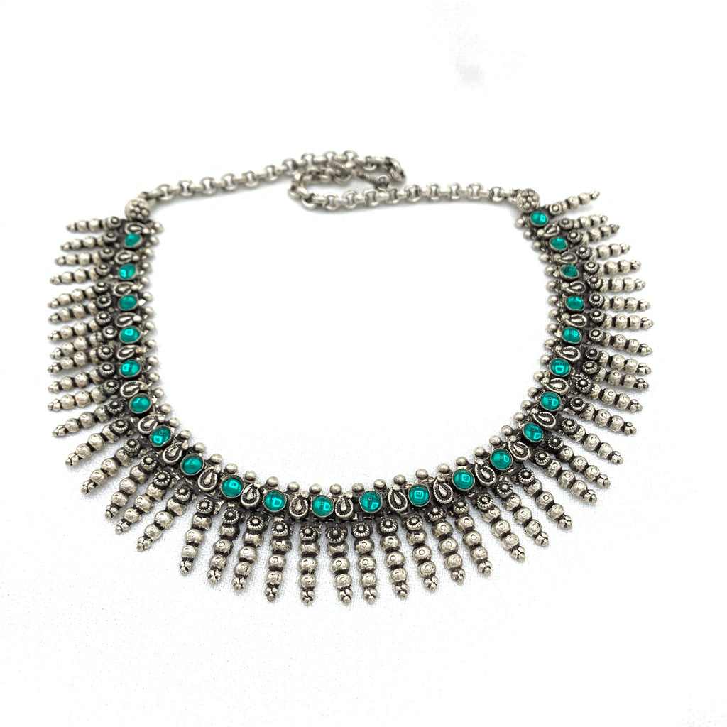 Fashionable Chic Oxidized silver Necklace with Green stones