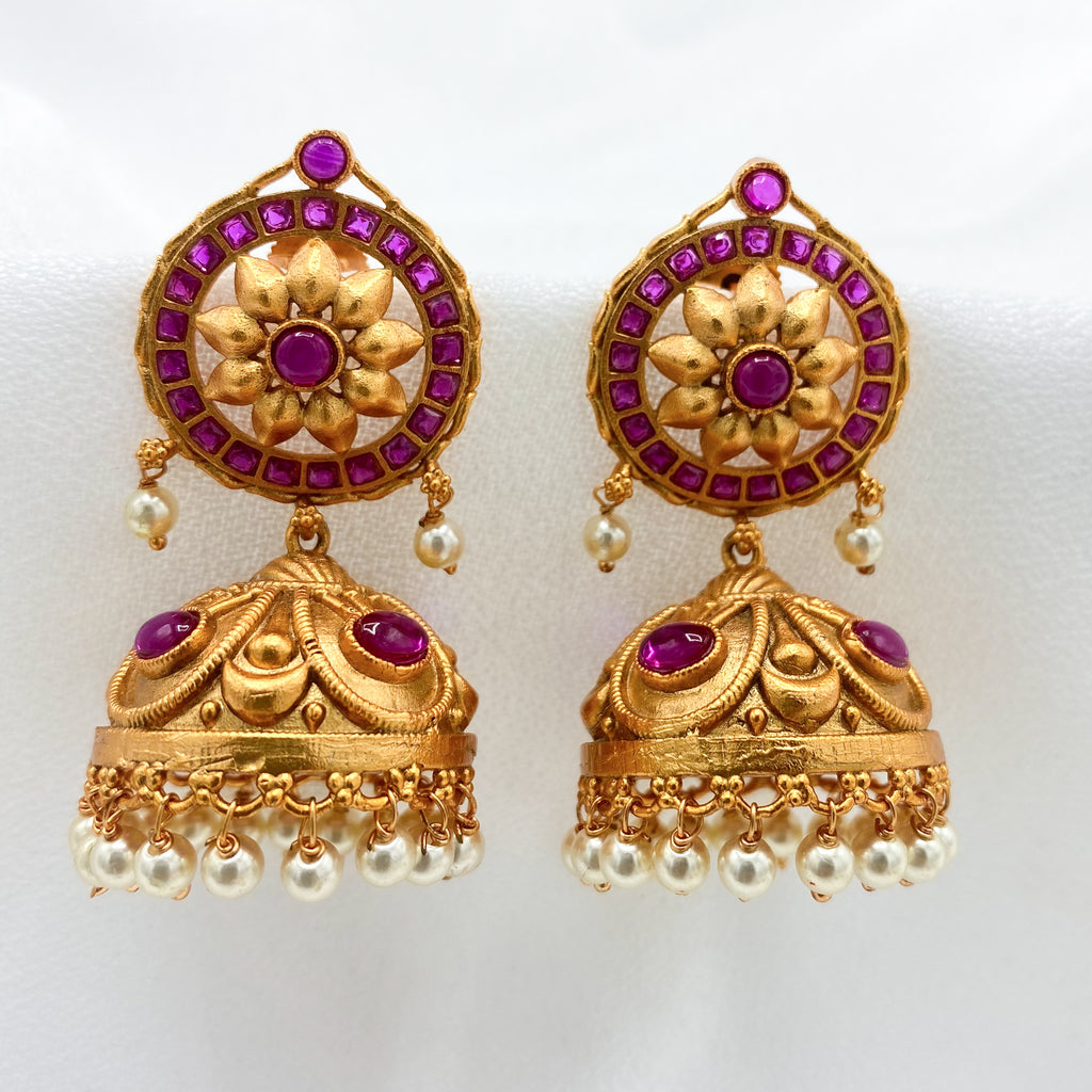 Ethnic Traditional Antique Matte Gold Kempu Jhumka Earring