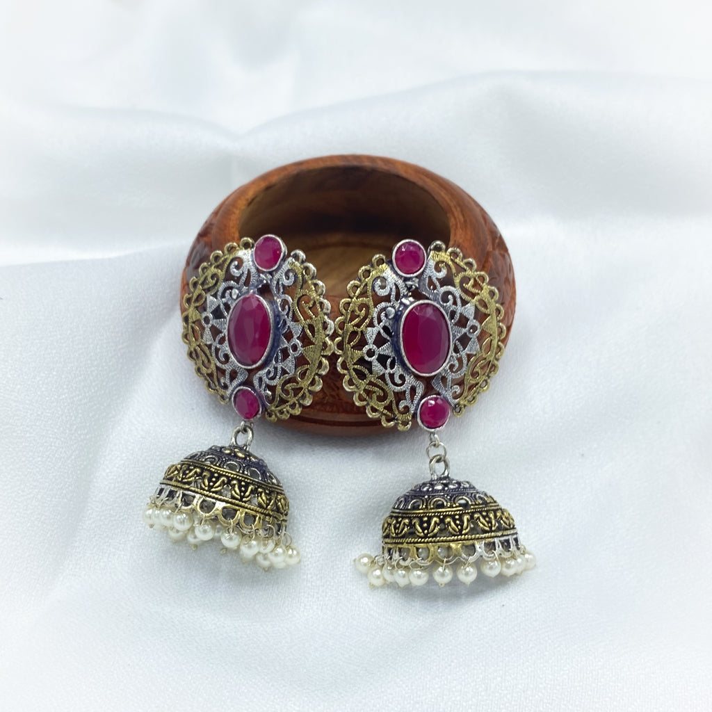 Charming Dual Tone Oxidized Silver Jhumka Earring with ruby red stone