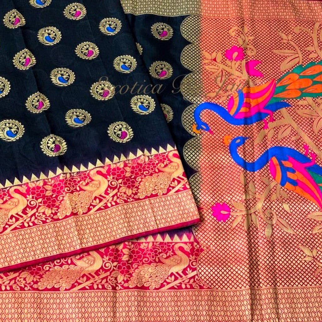 Beautiful Black Banarasi Jute Silk Saree with Rich Peacock work Pallu