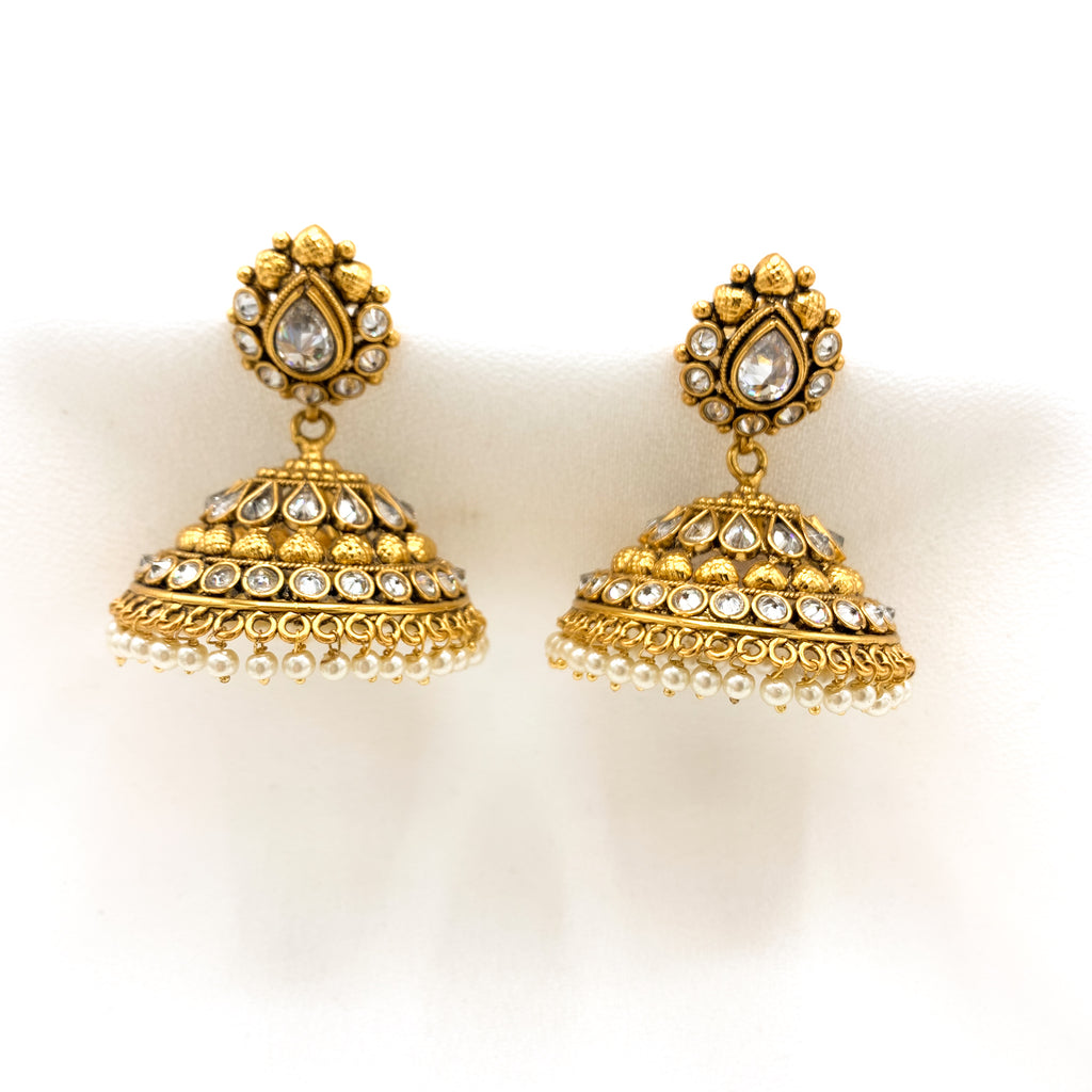 Antique Gold Big Jhumka Earring with White stones