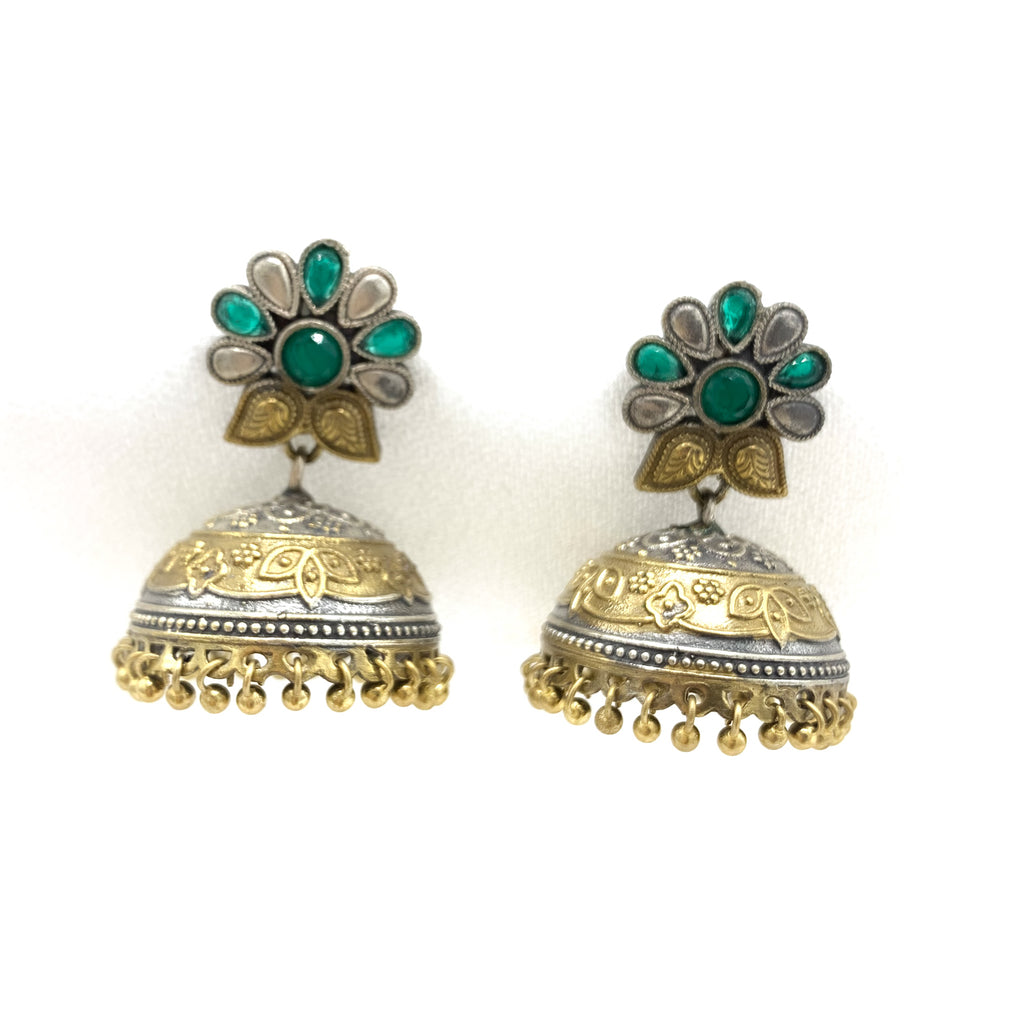 Stunning Dual Tone Oxidized Silver Jhumka with Green stones
