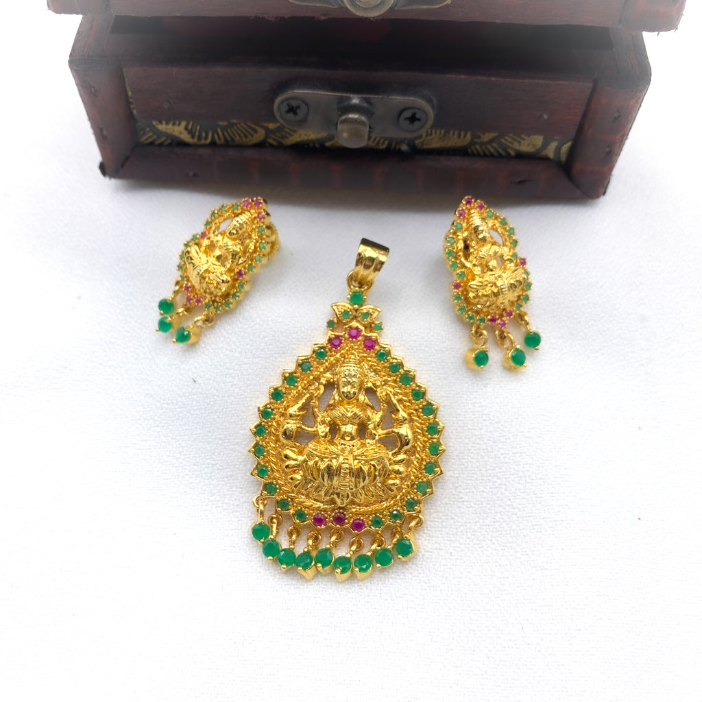 Traditional Antique gold Lakshmi Pendant set with red and green Zircon (CZ) stone