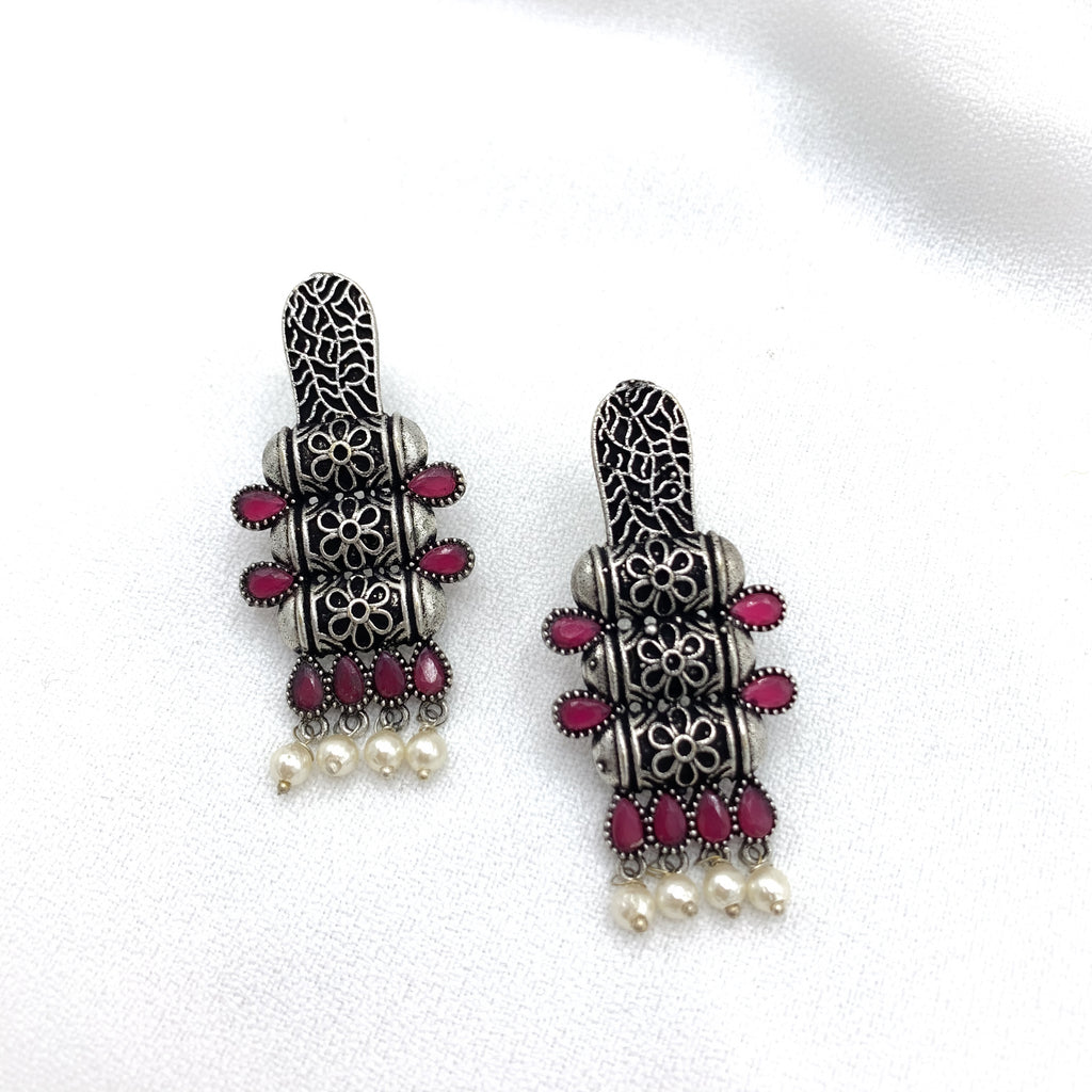 Trendy Modern Oxidized Silver Earring With Ruby red stones