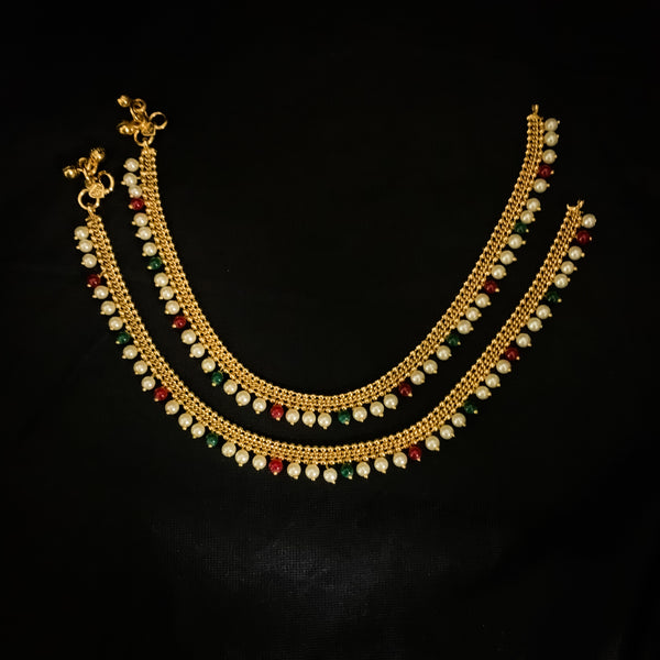 Modern Trendy Antique Gold Anklet with Pearl and color beads