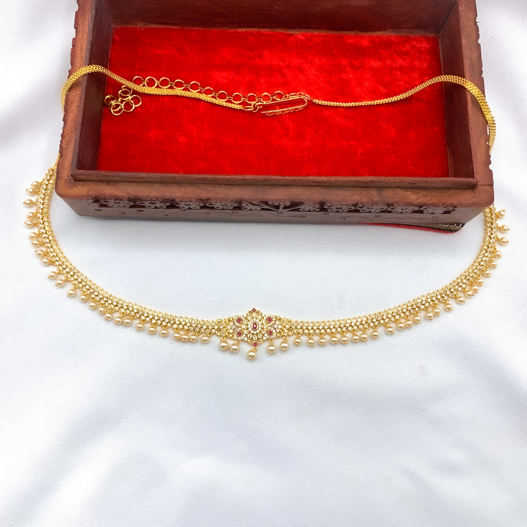 Exceptional Two-in-One White Zircon (CZ) Stne Waist Belt cum Long necklace with pearl danglers