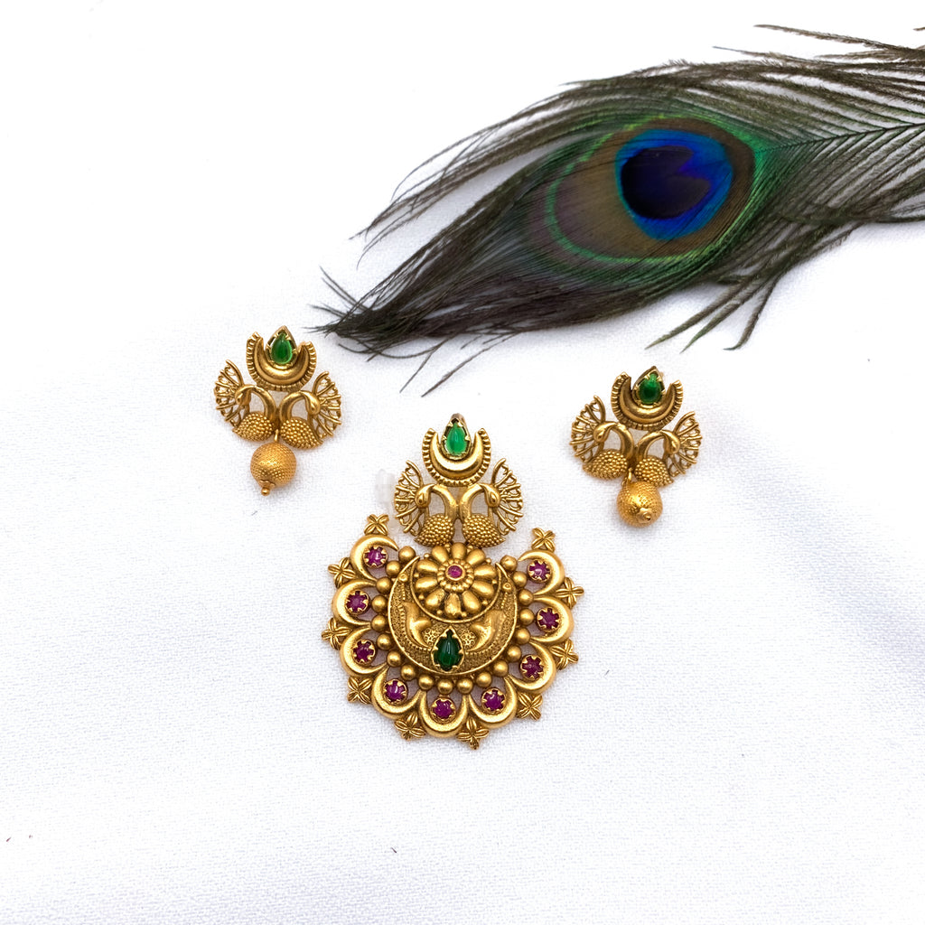 Captivating Antique Matte Gold Peacock Pendant set with Red and Green Kempu stone