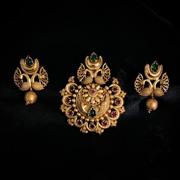 Captivating Antique Matte Gold Peacock Pendant set with Red and Green Kempu stone