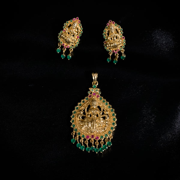 Traditional Antique gold Lakshmi Pendant set with red and green Zircon (CZ) stone