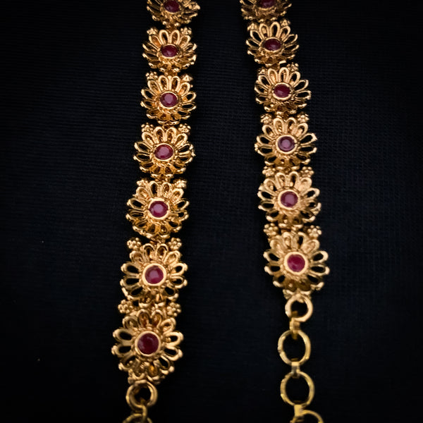 Beautiful Floral work Antique Gold Ear Chain with Red stones