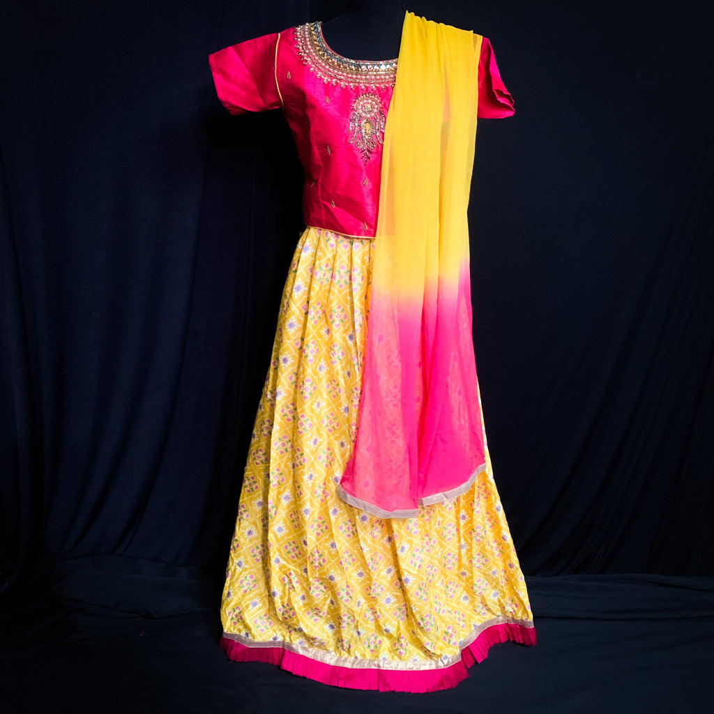 Beautiful Pink and Yellow Skirt Lehenga Set with bandani Style work on the Lehenga