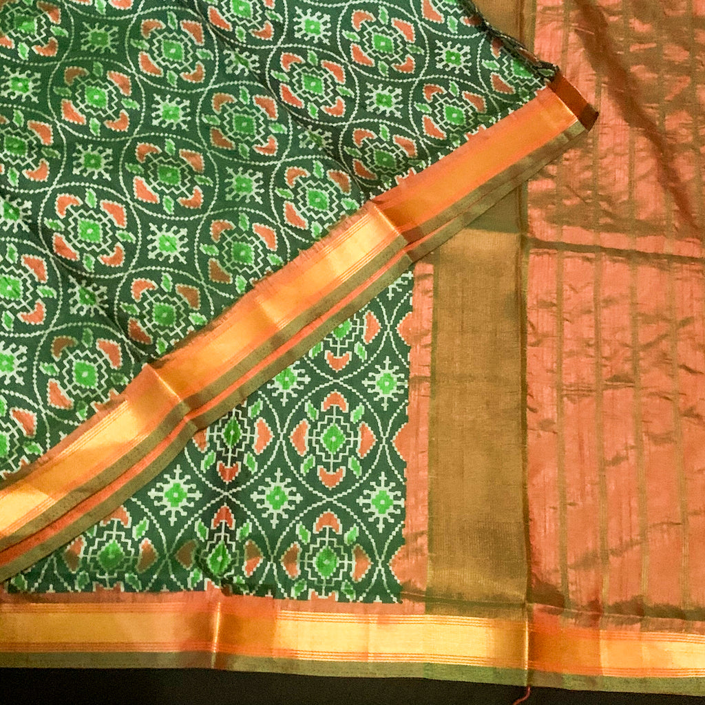 Captivating Green Pochampalli Ikkat silk Duppatta with mustard zari Border