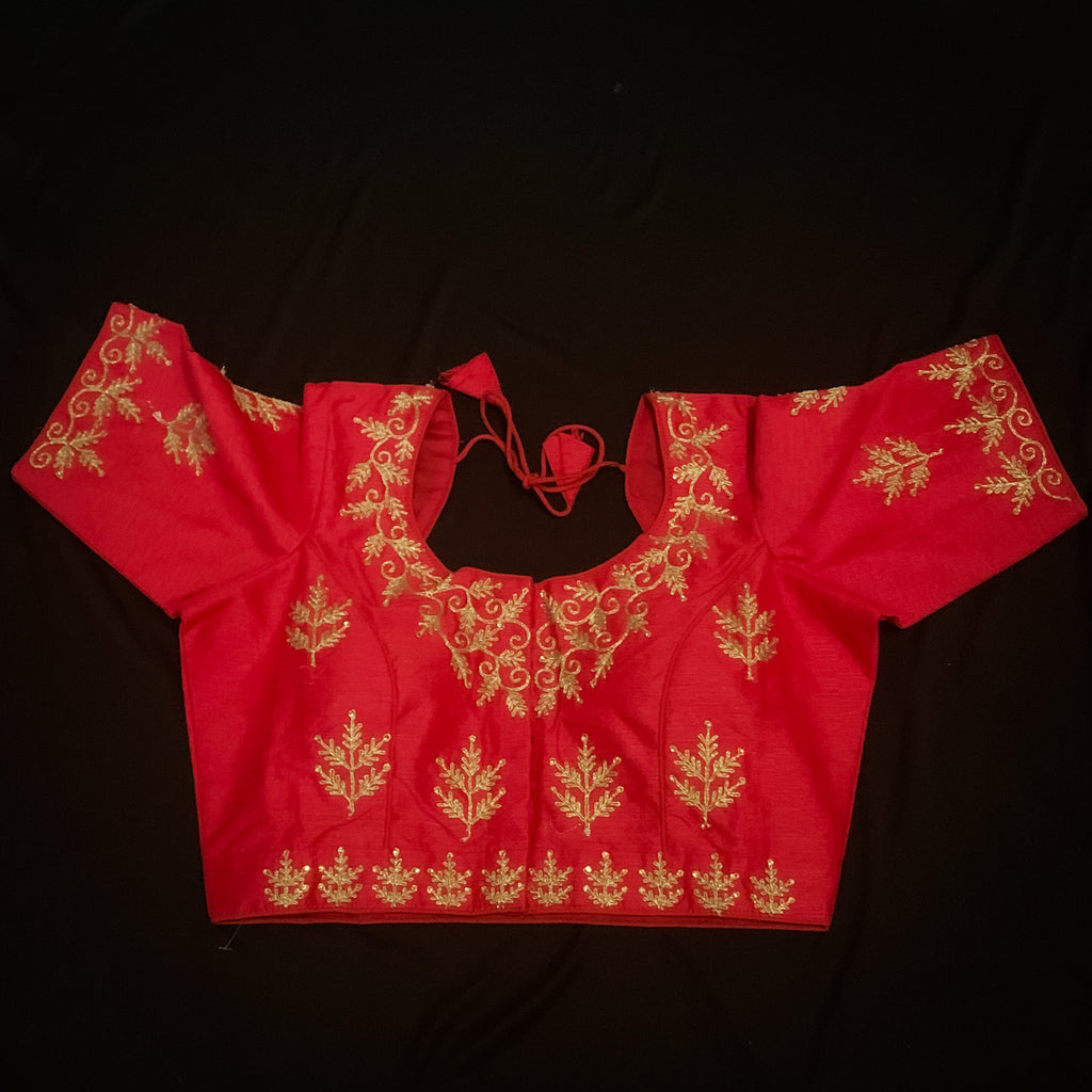 Red Raw Silk Designer Embroidery Party Wear Readymade Saree Blouse