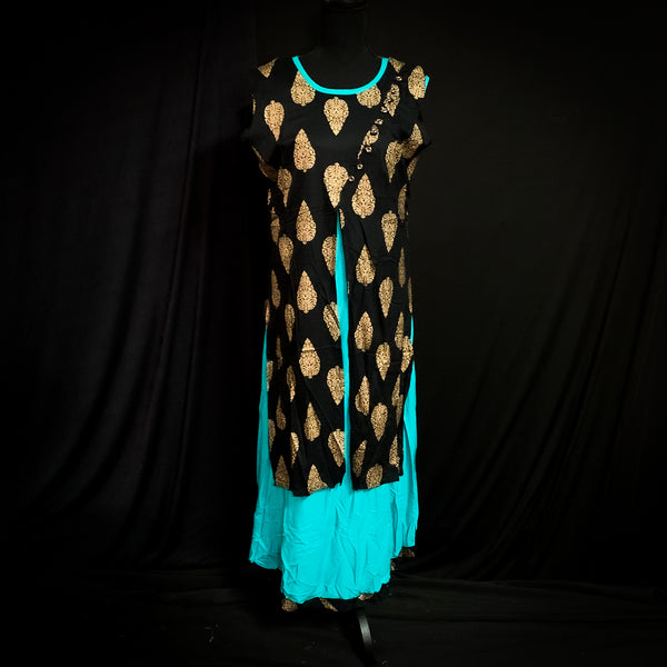 Gorgeous Turquoise Blue and Black Rayon Straight Two-Piece Kurthi