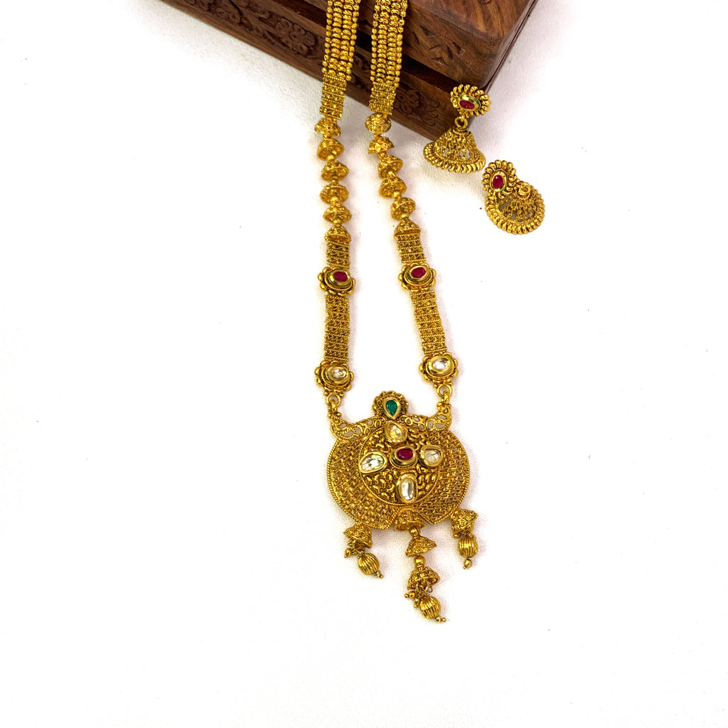 Traditional Long Antique Gold Necklace Set wiht Kundan stones and Jhumka
