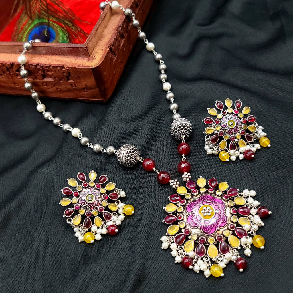 Yellow & Red Handpainted Meenakari Oxidized German Silver Necklace with Stud