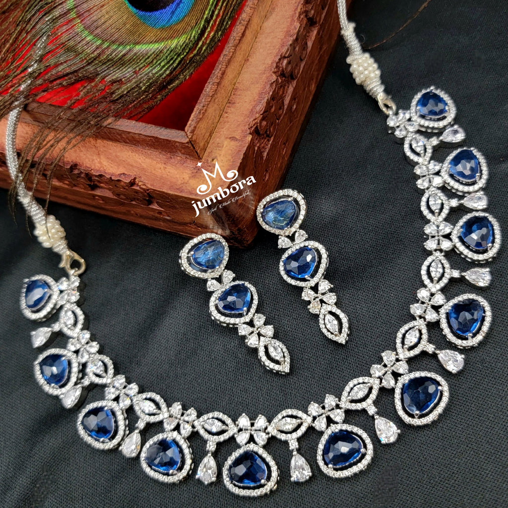 Contemporary Rhodium Polish Sapphire Blue AD Zircon (CZ) Necklace