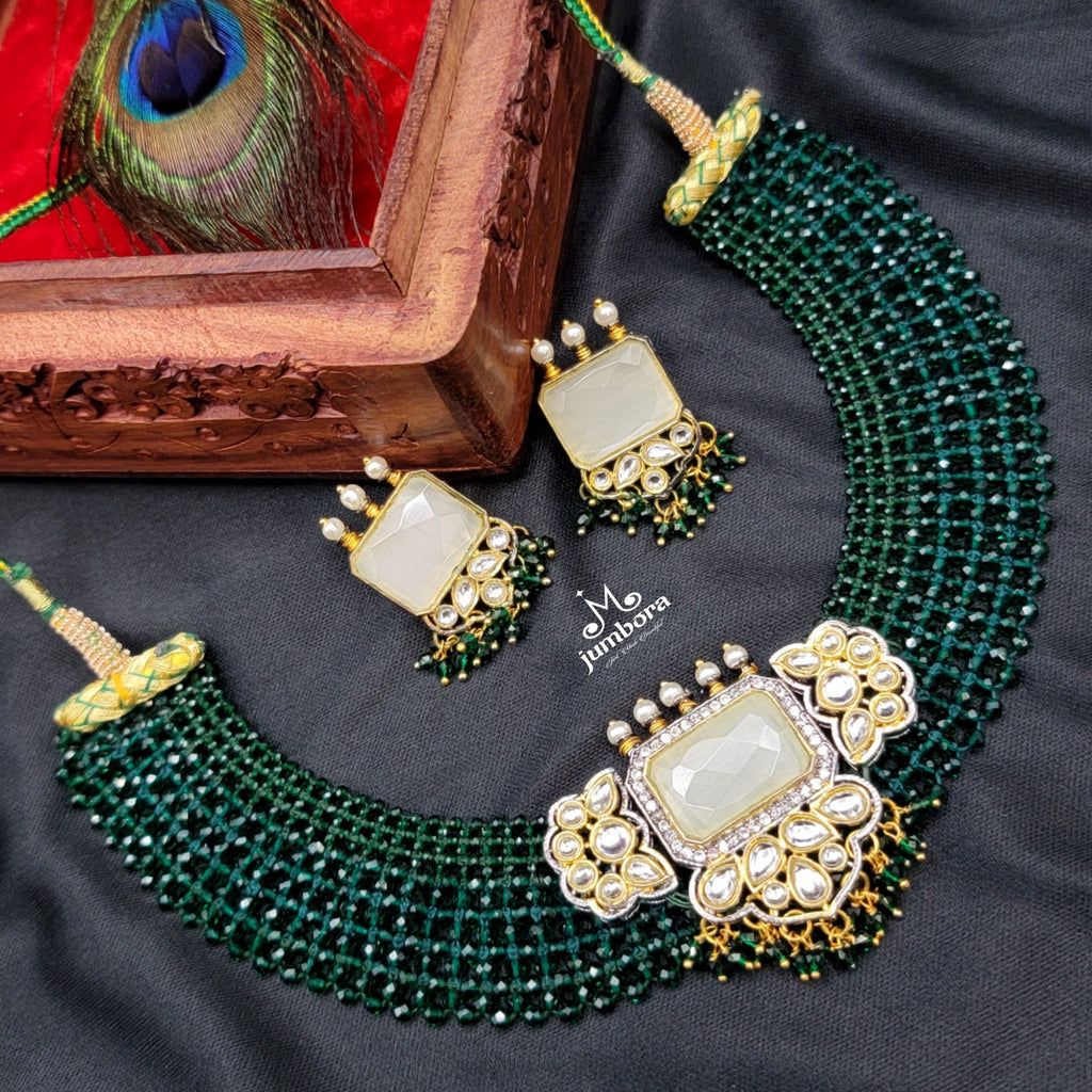 Green Crystal Hydrobeads Jaali Mesh Kundan Necklace set