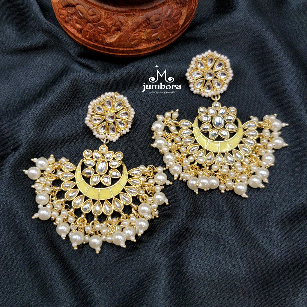 Yellow Handpainted Kundan Meenakari Pearl Earrings