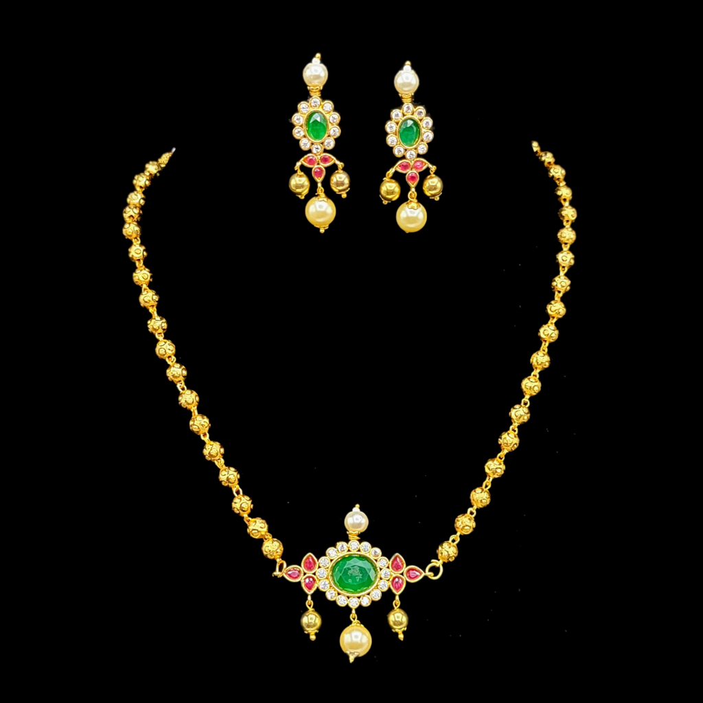 Red & Green AD Zircon Gold Ball Mala Necklace
