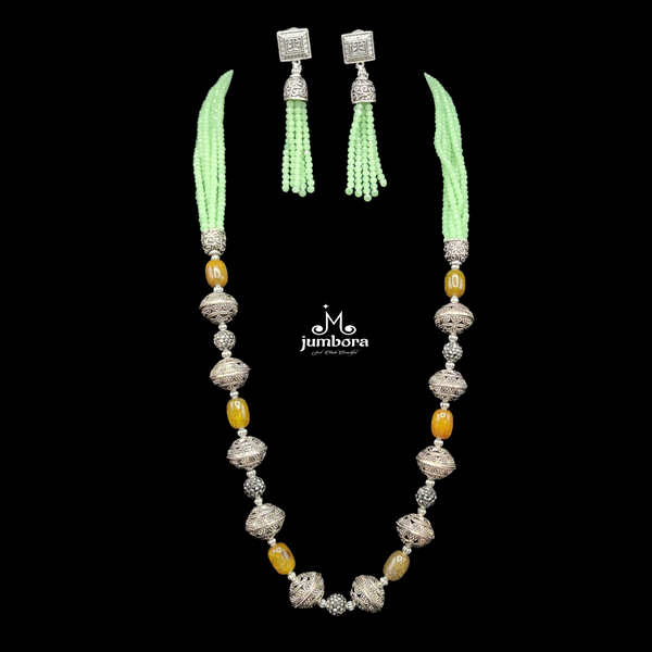 Handmade Mint Green Crystal & Agate Oxidized German Silver Mala Necklace Set