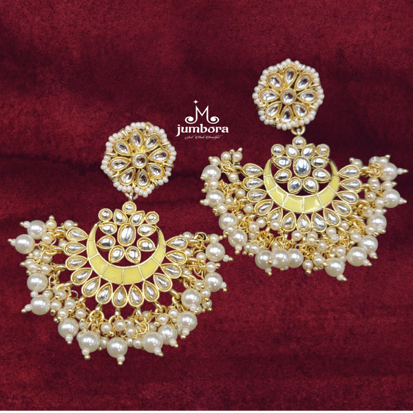 Yellow Handpainted Kundan Meenakari Pearl Earrings