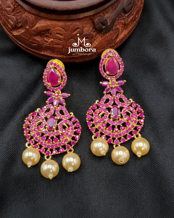 Statement Ruby Pink CZ (Zircon) AD (American Diamond) Necklace Set with Pearls With matching Earrings