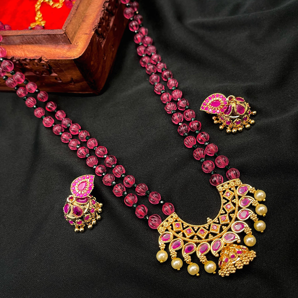 Ruby Pink Pumpkin Bead Mala Necklace Set