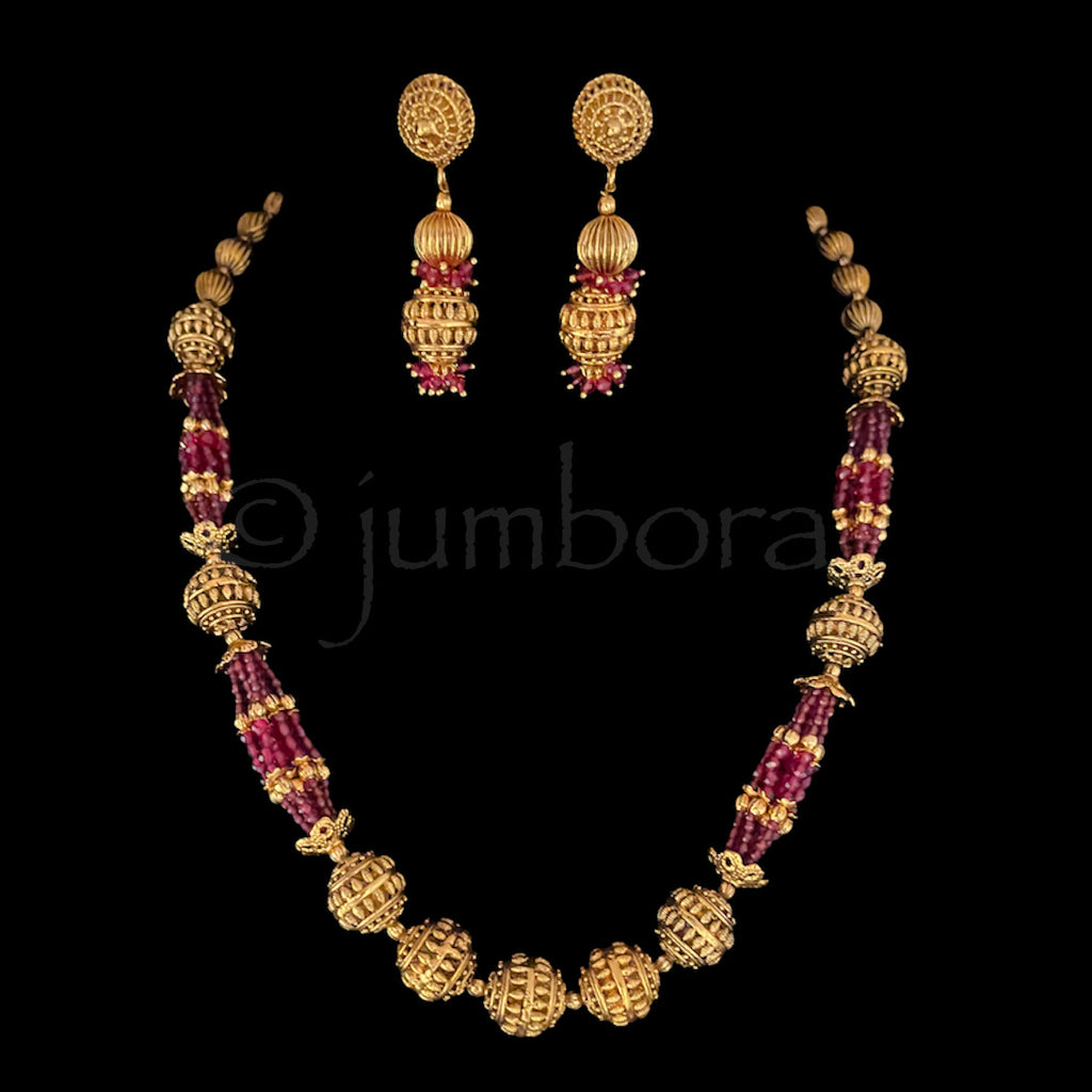 Handmade Antique Gold Ball Mala Necklace in Ruby Red