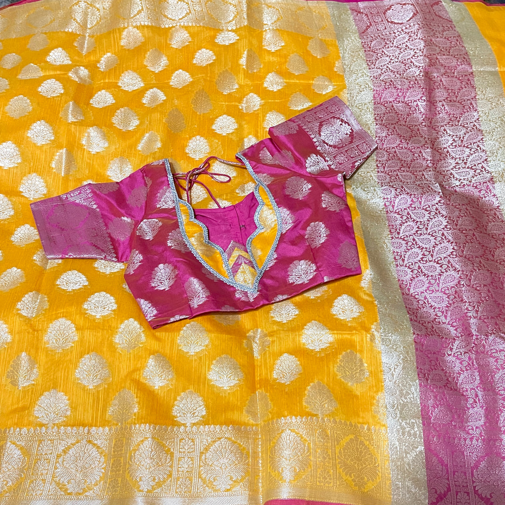 Yellow and pink Chanderi Silk Saree with Stitched blouse