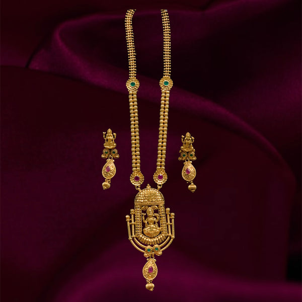 Temple Jewelry Long Antique Gold Lakshmi Necklace Set