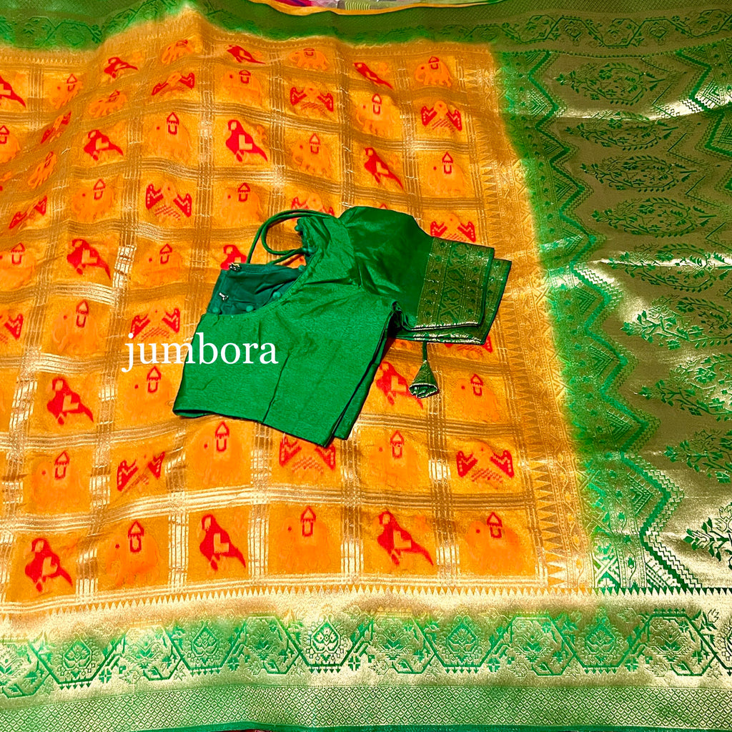 Mustard Yellow and Green Banarasi Patola Silk Saree with Stitched Blouse