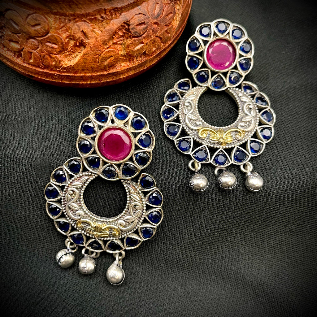 Sapphire Blue & Ruby Red German Silver Oxidized Chand-Bali Earring