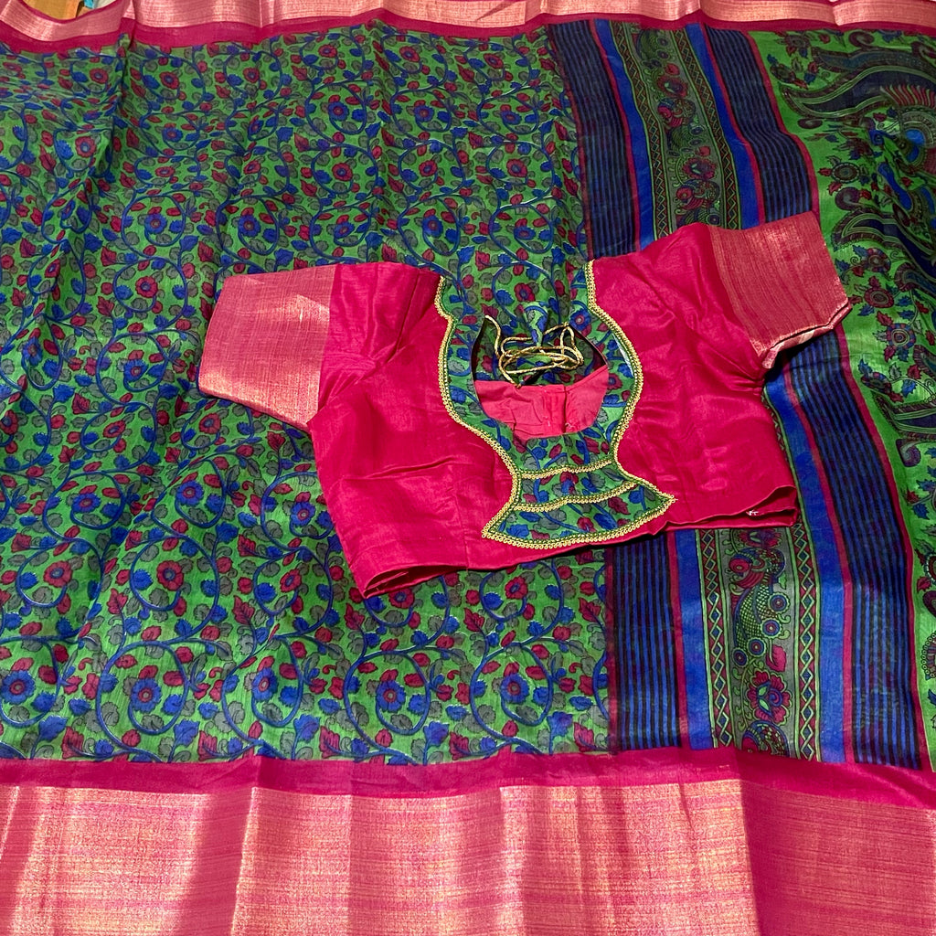 Sea Green & Pink Soft Jute Cotton Kalamkari Sari with Stitched Blouse