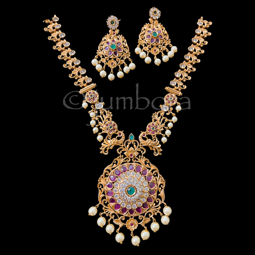 Traditional Peacock Matte Antique Necklace set with Pearl