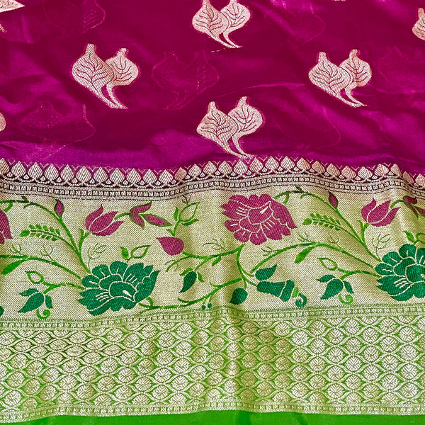 Magenta Pink & Green Paithani Border Banarasi Dupion Silk Saree with Stitched Blouse