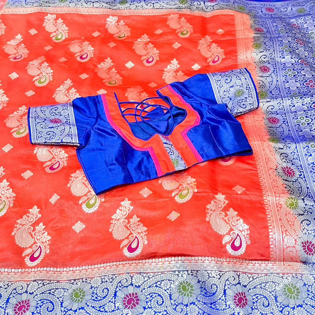 Peach Orange Banarasi Jute Silk Saree with Stitched Blouse