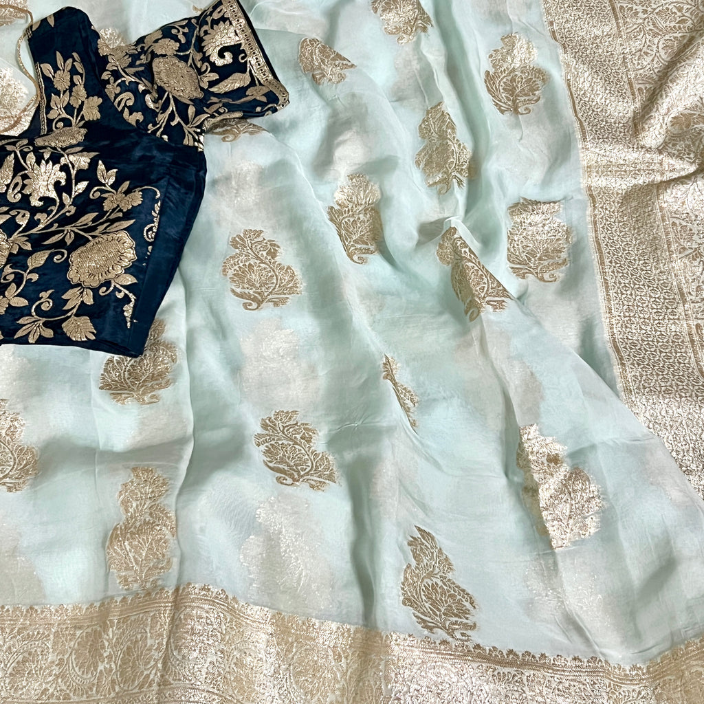 Light Pastel Blue Banarasi Russian Georgette Silk Saree with stitched Blouse