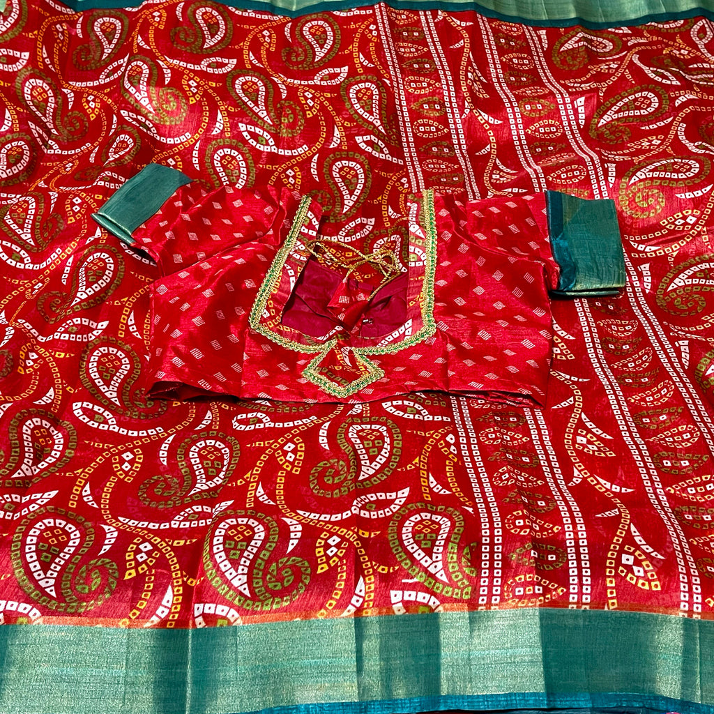 Red & Sea Green Bandhini Print Soft Jute Cotton Saree with Stitched Blouse