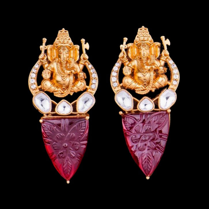 Jadau Kundan Nakshi Ganesha Carved Stone Earring