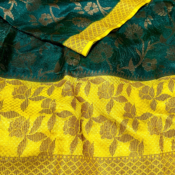 Dark Green with Yellow Banarasi Dupion Saree with stitched blouse