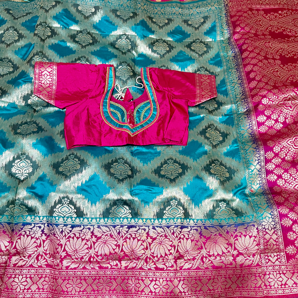 Blue & Pink Banarasi Jute silk saree with stitched blouse
