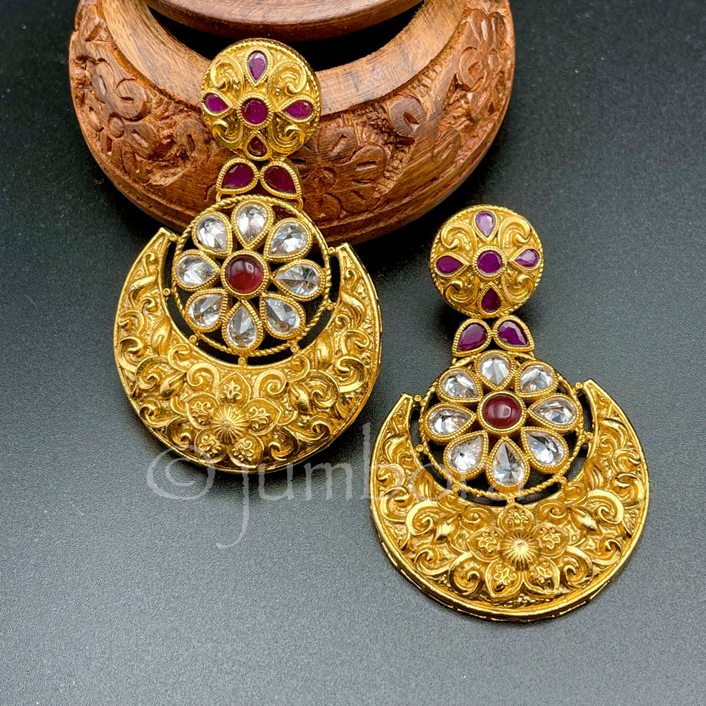 Traditional Matte Gold Long Earring with Ruby red and white AD stone