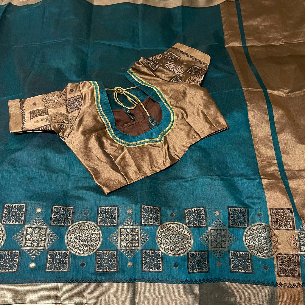 Teal Blue & Dark Gold soft Cotton Silk saree with stitched blouse